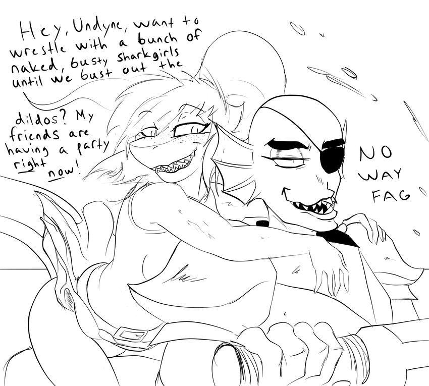 anthro armor black_and_white breasts clothing dialogue dirty_talk duo english_text eye_patch eyewear fan_character female fish hair humor marine meme monochrome open_mouth open_smile parody shark sharp_teeth skirt smile teeth text undertale undyne unknown_artist video_games