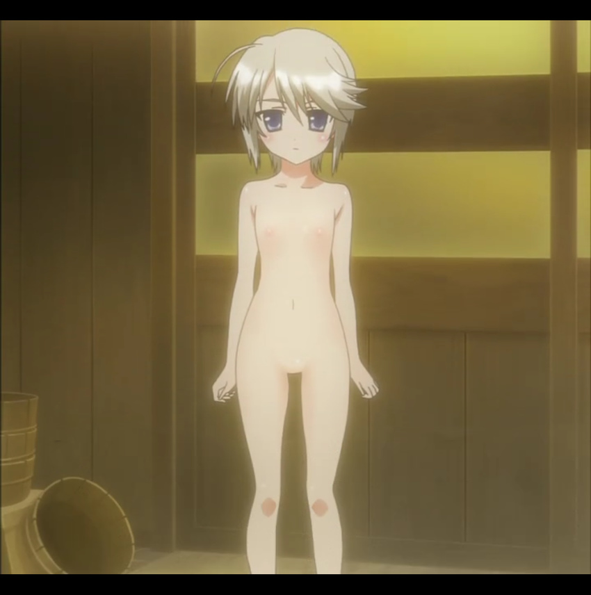 ezomori_nozomu flat_chest kanokon nipples nude short_hair silver_hair