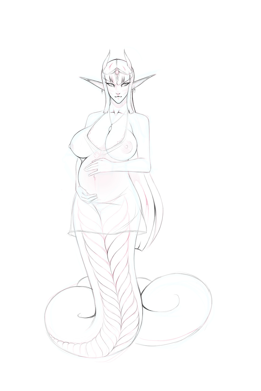 big_breasts breasts chemise clothed clothing ear_piercing female front_view hair horn jewelry lamia lingerie long_ears long_hair looking_away monochrome necklace nipples piercing pointy_ears pregnant reptile scalie sketch slit_pupils snake solo translucent transparent_clothing urw