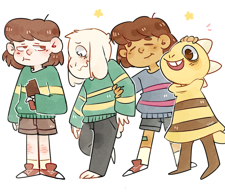 armless asriel_dreemurr boss_monster candy caprine chara_(undertale) child chocolate flower food fur goat group human lizard long_ears mammal monster_kid plant protagonist_(undertale) red_eyes reptile sam-yaza scalie stripes undertale video_games white_fur young