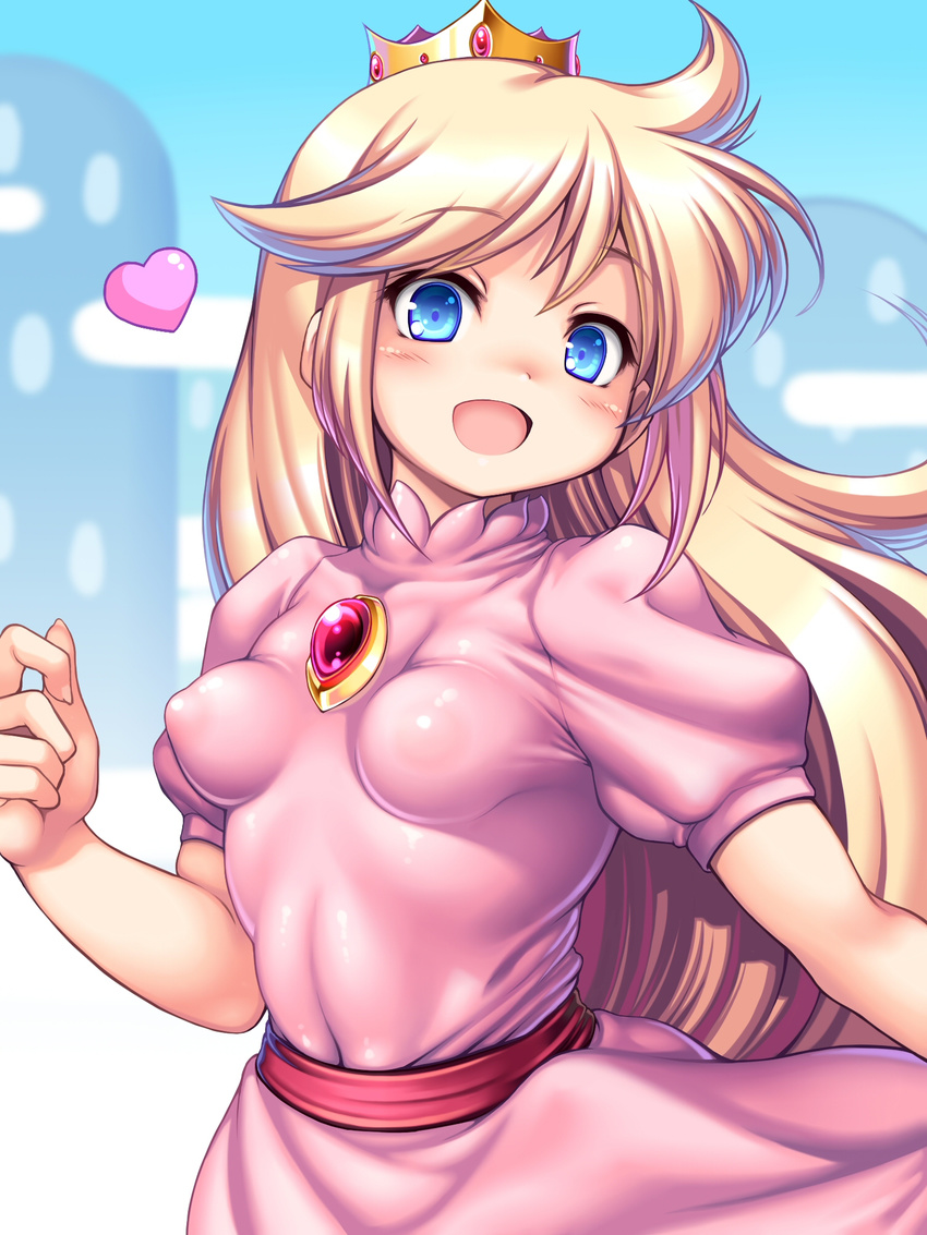 blonde_hair blue_eyes breasts breasts_apart chabo_(fuketsudan) covered_navel covered_nipples crown dress highres long_hair mario_(series) no_bra open_mouth pink_dress princess_peach small_breasts smile solo super_mario_bros. upper_body