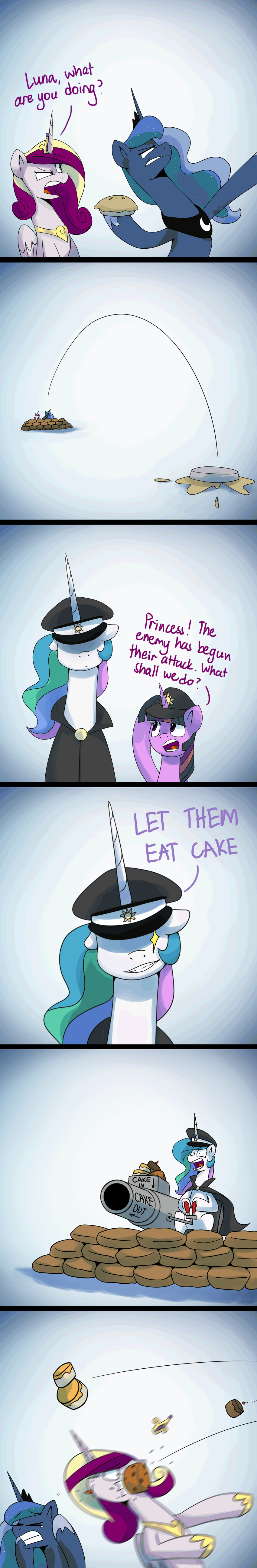 2017 animated anticularpony cake cannon crown dialogue english_text equine feathered_wings feathers female feral food friendship_is_magic group horn jewelry mammal my_little_pony necklace princess_cadance_(mlp) princess_celestia_(mlp) princess_luna_(mlp) ranged_weapon text twilight_sparkle_(mlp) unicorn weapon winged_unicorn wings