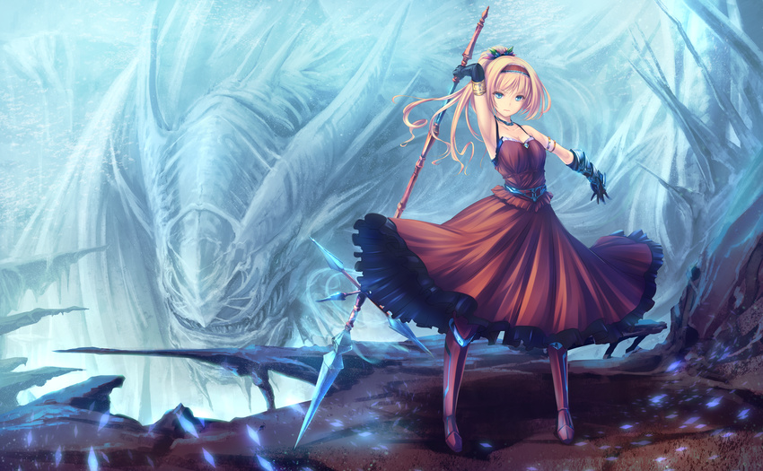 black_gloves blonde_hair blue_eyes elbow_gloves eyebrows_visible_through_hair gloves hairband highres holding holding_spear holding_weapon long_hair looking_at_viewer original polearm ponytail solo spear tenmaso weapon