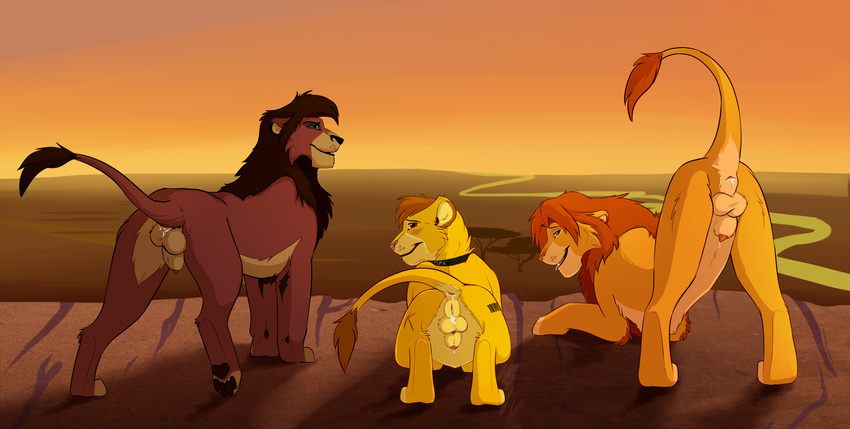 all_fours anatomically_correct animal_genitalia bent_over blush brand butt collar disney fan_character feline feral group intersex kopa kovu lion lube luca male male/male mammal mane penis presenting presenting_hindquarters pride_rock pussy savanna simba submissive the_lion_king