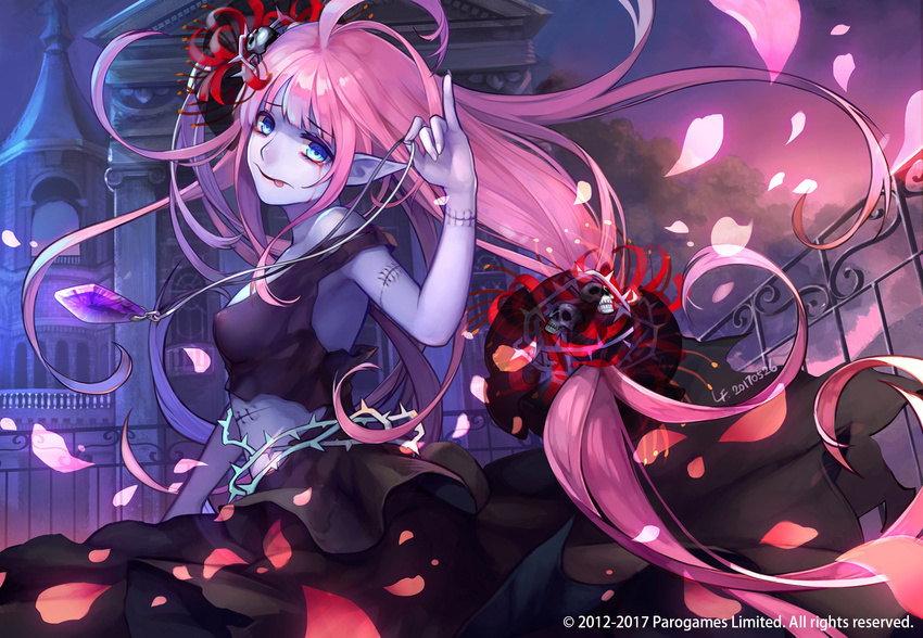 ahoge artist_name banshee black_dress blue_eyes blue_skin castle dated dress eudemons fence hair_ornament hair_tie jewelry jewelry_removed lf_(paro) long_hair low-tied_long_hair necklace necklace_removed official_art original petals pink_hair pinky_out skull skull_hair_ornament solo stitches tears thorns tongue tongue_out very_long_hair watermark