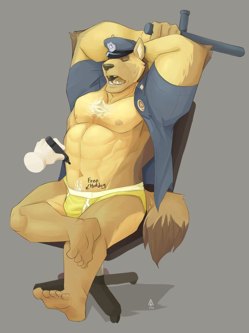 2016 abs biceps big_muscles canine chest_tuft clothed clothing digital_media_(artwork) dog eyes_closed hat malcus_pine male mammal misterbunny56 muscular muscular_male nipples open_mouth open_shirt pecs police_uniform tuft underwear uniform