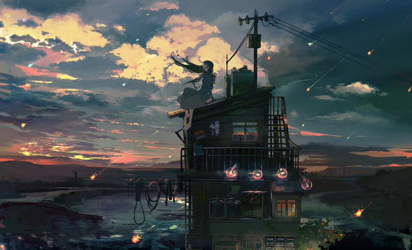 barefoot black_hair building cloud cloudy_sky commentary_request dark dress dusk floating_hair foot_dangle highres house kukka ladder light_bulb long_hair long_sleeves looking_away on_roof original power_lines shooting_star sitting sky solo stairs stool wind