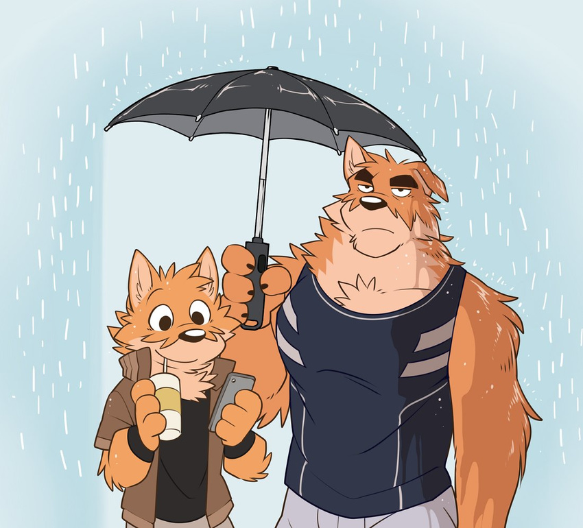 anthro biceps big_muscles canine chest_tuft clothed clothing dog fur male mammal muscular muscular_male otake raining shirt simple_background takemoto takemoto_arashi tank_top tuft umbrella