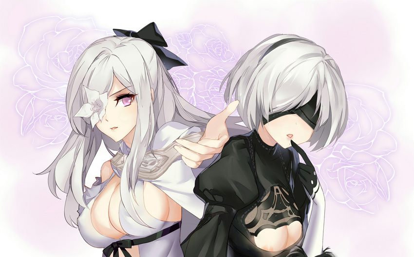 bangs bare_shoulders black_bow black_dress black_hairband black_ribbon blindfold bow breasts cape cleavage covered_eyes crossover drag-on_dragoon drag-on_dragoon_3 dress finger_to_mouth fingernails floral_background flower flower_eyepatch gekka_nanako gloves hair_bow hair_over_eyes hair_over_one_eye hairband hand_up highres index_finger_raised juliet_sleeves lips long_hair long_sleeves looking_at_viewer medium_breasts mole mole_under_mouth multiple_girls nier_(series) nier_automata nose open_mouth parted_lips pink_eyes pink_lips puffy_sleeves reaching_out revision ribbon rose short_hair silver_hair sweatdrop turtleneck upper_body white_cape white_dress white_flower white_hair yorha_no._2_type_b zero_(drag-on_dragoon)