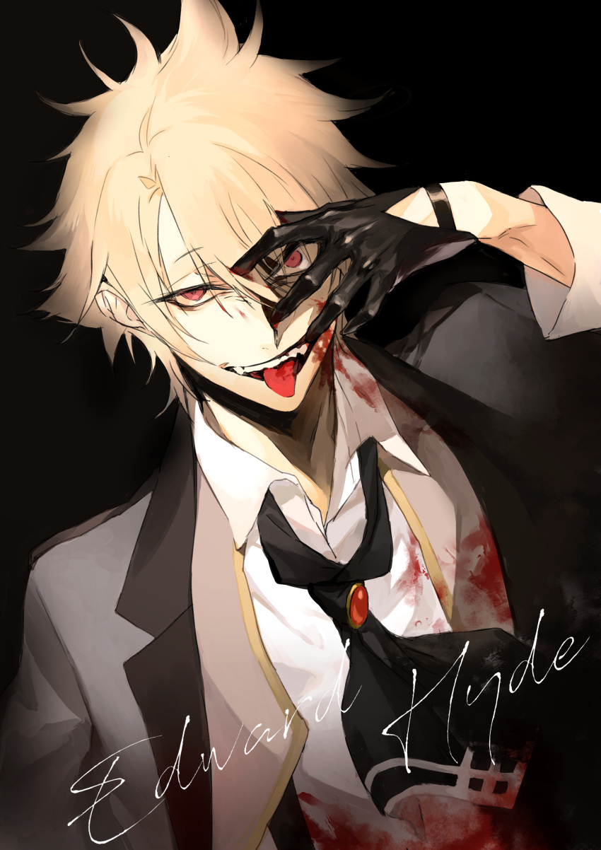 1boy absurdres arm_up bangs black_background black_gloves blonde_hair blood blood_on_face bloody_clothes bloody_hands brooch character_name collared_shirt commentary covering_face cravat dutch_angle english_commentary fangs fate/grand_order fate_(series) gloves hair_between_eyes half-closed_eye half_gloves hand_on_own_face highres jacket jekyll_and_hyde_(fate) jewelry long_sleeves looking_at_viewer messy_hair open_mouth parted_bangs red_eyes seomouse shirt simple_background smile solo teeth tongue tongue_out upper_body white_shirt