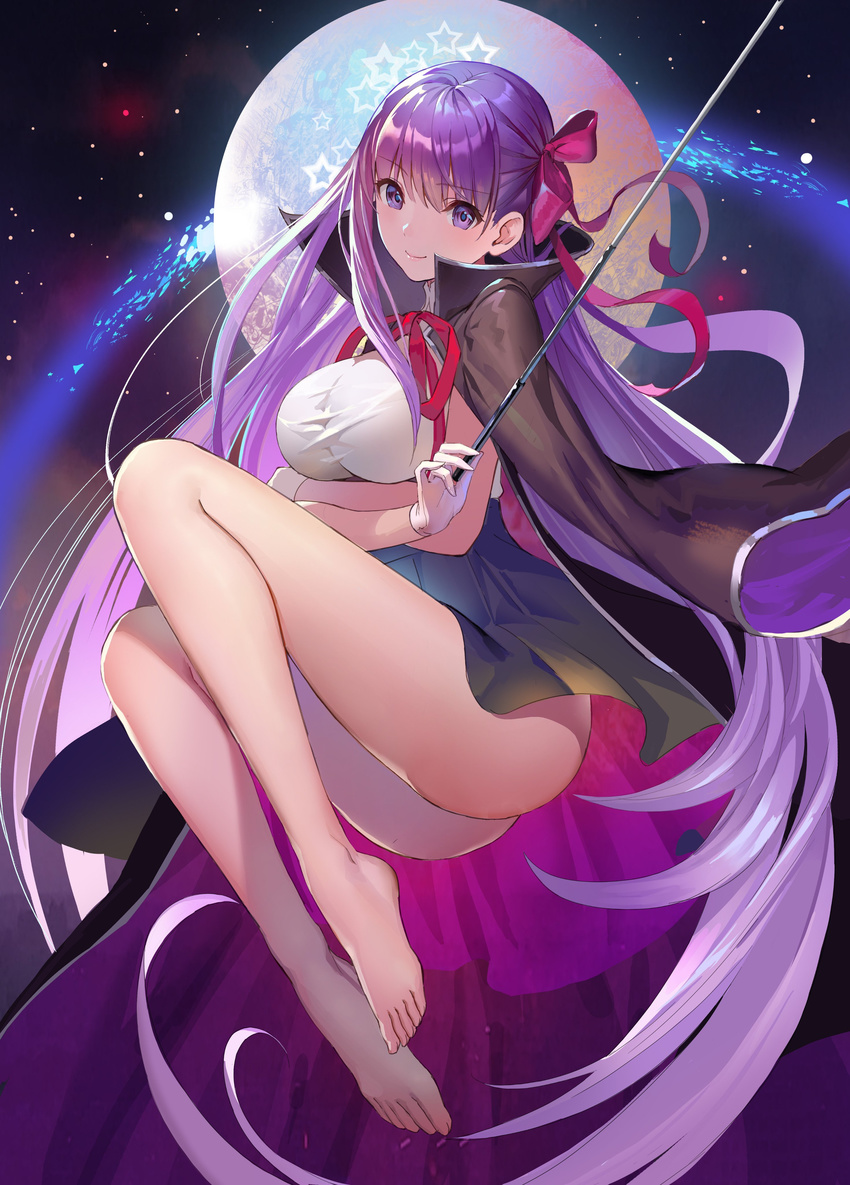 &gt;:) absurdres bangs bare_legs barefoot bb_(fate)_(all) bb_(fate/extra_ccc) black_jacket breast_hold breasts closed_mouth commentary_request eyebrows_visible_through_hair fate/extra fate/extra_ccc fate_(series) floating full_body gloves hair_ribbon highres jacket jacket_on_shoulders large_breasts light_particles long_hair long_sleeves looking_at_viewer moon open_clothes open_jacket pink_ribbon purple_eyes purple_hair ribbon smile solo straight_hair tareme teffish v-shaped_eyebrows very_long_hair white_gloves