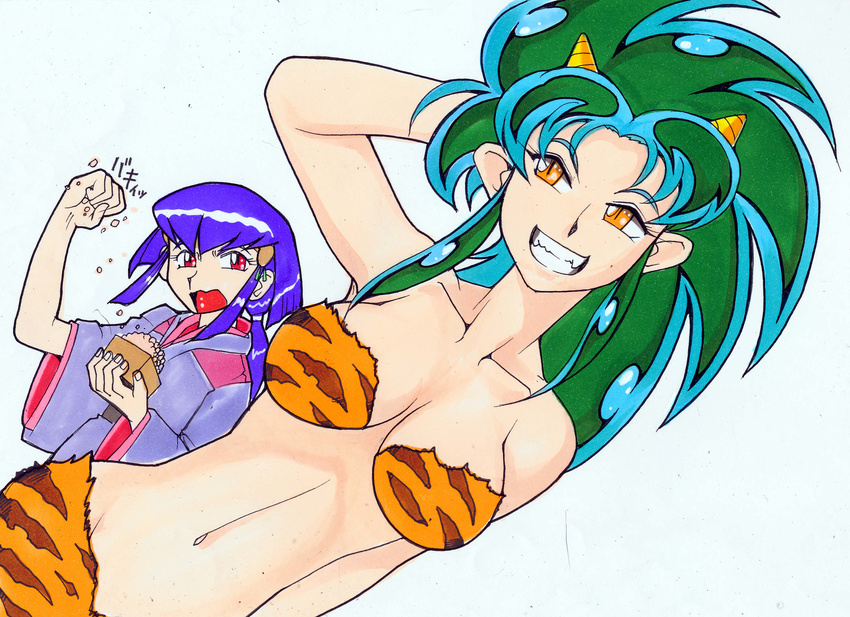 :d animal_print bikini breasts cleavage cosplay green_hair highres horns large_breasts long_hair lum lum_(cosplay) mamemaki masaki_aeka_jurai masu midriff multiple_girls navel oni_horns open_mouth osaka_hanayukiko purple_hair red_eyes ryouko_(tenchi_muyou!) setsubun smile spiked_hair swimsuit tenchi_muyou! tiger_print traditional_media urusei_yatsura yellow_eyes