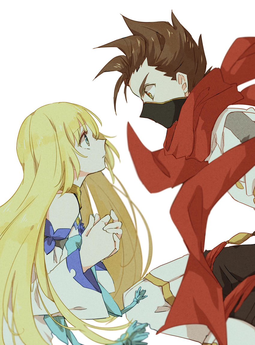 1boy 1girl blonde_hair blue_eyes brown_eyes brown_hair choker collet_brunel detached_sleeves dress lloyd_irving long_hair mask open_mouth pants scarf short_hair tales_of_(series) tales_of_asteria tales_of_symphonia