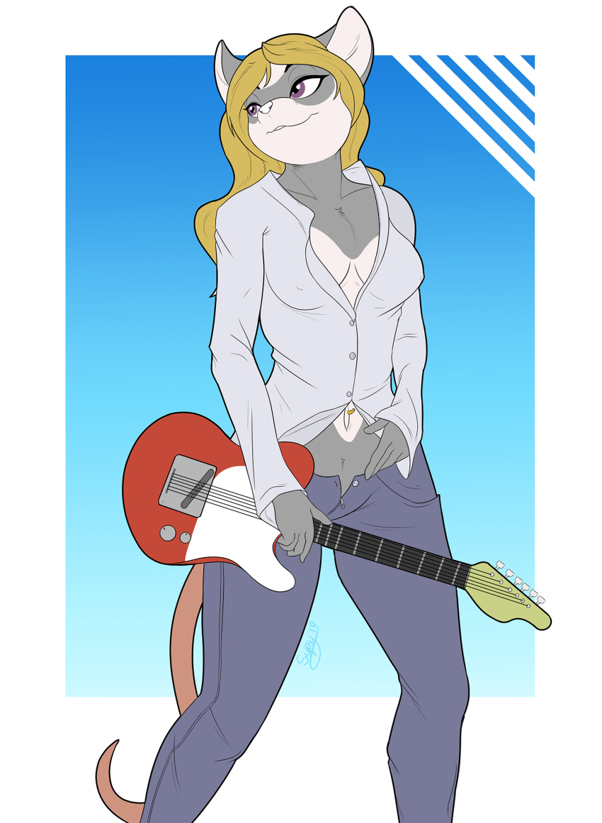 2019 5_fingers anthro blonde_hair blue_bottomwear blue_clothing blue_pants breasts cleavage clothed clothing didelphid digital_media_(artwork) electric_guitar female ferret front_view fully_clothed fur grey_fur guitar hair hi_res holding_musical_instrument holding_object hybrid jamie_(tenpoundhammer) long_hair mammal marsupial multicolored_fur musical_instrument mustelid navel navel_piercing nipple_bulge open_pants pants piercing pink_tail portrait purple_eyes shirt skipsy solo standing three-quarter_portrait two_tone_fur white_fur white_nose