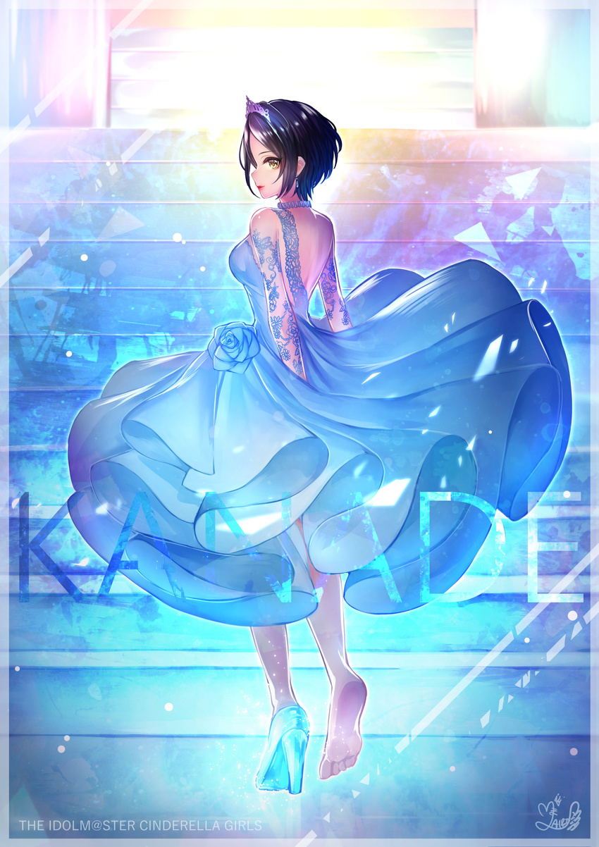 absurdres bangs barefoot black_hair breasts dress full_body glass_slipper hayami_kanade highres idolmaster idolmaster_cinderella_girls ilo looking_back medium_breasts parted_bangs profile short_hair solo tiara white_dress yellow_eyes