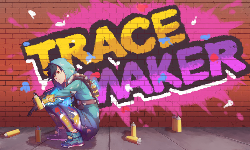 alternate_costume black_hair brick_wall gloves graffiti graffiti_tracer harness highres hood hoodie looking_at_viewer nyasa overwatch solo spray_can squatting tracer_(overwatch) wall