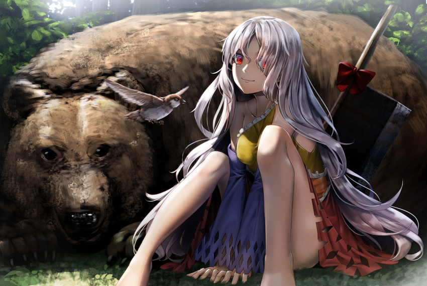 bear bird bow commentary_request day detached_sleeves dress eyes_visible_through_hair hair_over_one_eye hatchet long_hair looking_at_viewer multicolored multicolored_clothes multicolored_dress oriental_hatchet outdoors red_bow red_eyes ryosios sakata_nemuno silver_hair single_strap sitting smile solo touhou v_arms very_long_hair wavy_hair weapon