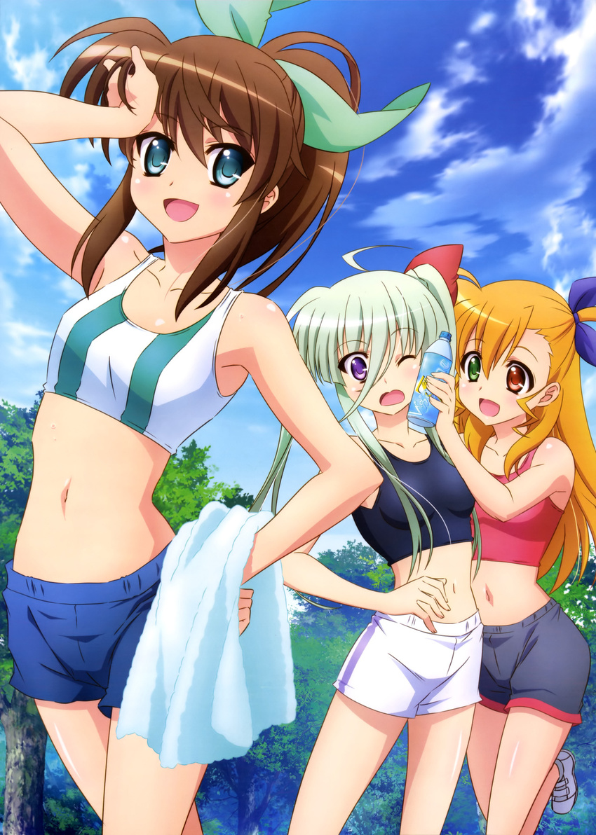 3girls artist_request blonde_hair bottle brown_hair einhart_stratos exercise fuuka_reventon green_eyes green_hair happy heterochromia looking_at_viewer lyrical_nanoha mahou_shoujo_lyrical_nanoha mahou_shoujo_lyrical_nanoha_vivid multiple_girls official_art playing smile surprised training triangle_heart vivid_strike! vivio_(lyrical_nanoha) water yuri