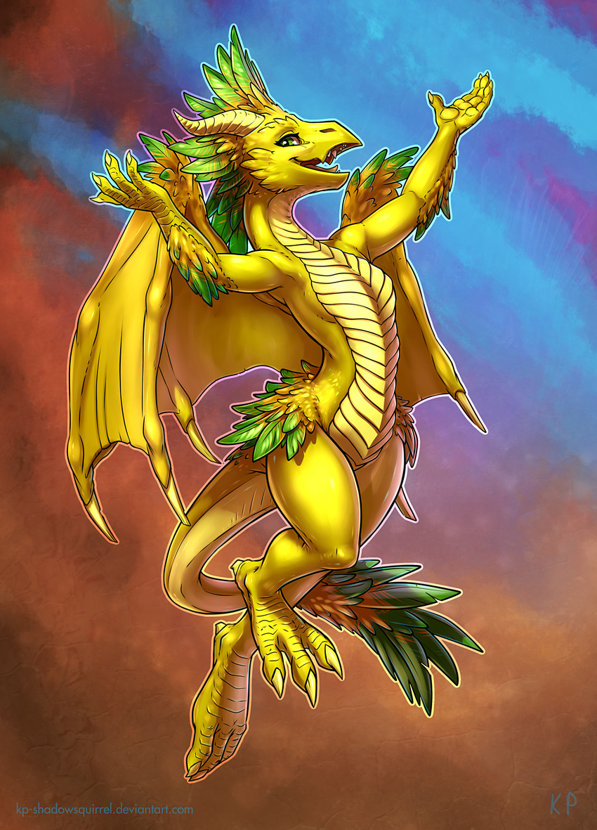 3_toes 4_fingers anthro curved_horn dragon feathered_dragon feathers featureless_crotch female horn karol_pawlinski membranous_wings open_mouth smile solo toes tongue wide_hips wings yellow_scale yellow_skin