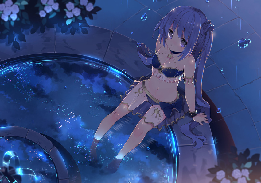 arm_support armlet blue_bra blue_hair blue_panties bra breasts choker cleavage from_above highres long_hair midriff navel night original outdoors panties purple_eyes rain reflecting_pool rugo see-through shiny shiny_skin sitting skirt small_breasts soaking_feet solo star stomach strapless strapless_bra underwear very_long_hair water wrist_cuffs