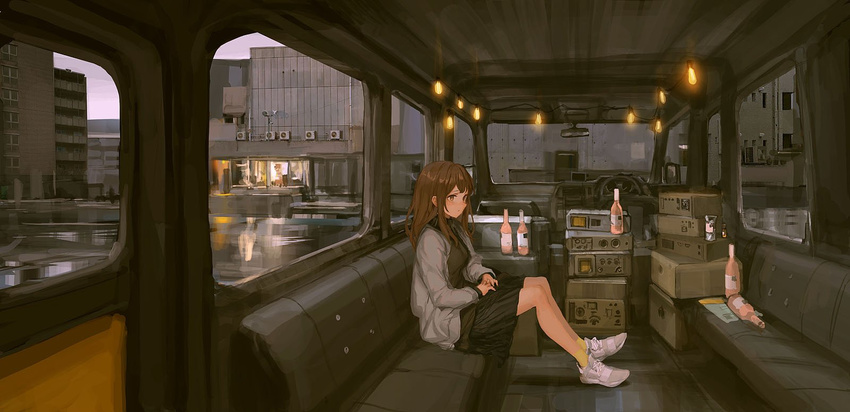 air_conditioner bad_id bad_twitter_id bangs beer_bottle black_skirt bottle brown_eyes brown_hair bus car_interior cardigan couch day from_side green_legwear ground_vehicle highres legs_together light_bulb lm7_(op-center) long_hair motor_vehicle on_couch open_cardigan open_clothes original parted_lips pleated_skirt radio receiver right-hand_drive shoes sitting skirt sneakers socks solo