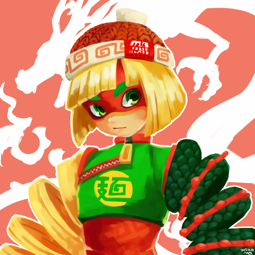 2017 absurdres arms_(game) bangs beanie blonde_hair blunt_bangs bob_cut chinese chinese_clothes clothes_writing crop_top dated domino_mask dragon dragon_(arms) eastern_dragon flat_chest green_eyes green_shirt hat highres knit_hat looking_away looking_to_the_side mag_(cocoa) mask min_min_(arms) orange_hat orange_shirt outline ringed_eyes scales shirt short_hair signature turtleneck undershirt upper_body zipper zipper_pull_tab