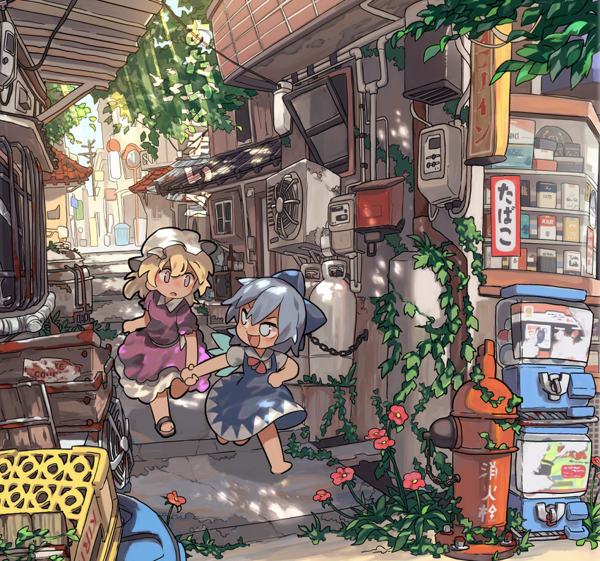 :d alley barefoot blonde_hair blue_bow blue_dress blue_eyes blue_hair bottle bow bowtie cirno city collared_dress commentary_request cover cover_page dress fire_hydrant flower frilled_hat frills hair_between_eyes hair_bow hat holding_hands ice ice_wings light_rays maribel_hearn mob_cap moyazou_(kitaguni_moyashi_seizoujo) multiple_girls open_mouth overgrown plant puffy_short_sleeves puffy_sleeves purple_dress purple_eyes red_bow red_flower red_neckwear running sandals shade short_sleeves smile sunbeam sunlight touhou traffic_mirror translation_request trash_can v-shaped_eyebrows vending_machine vines white_hat wings younger