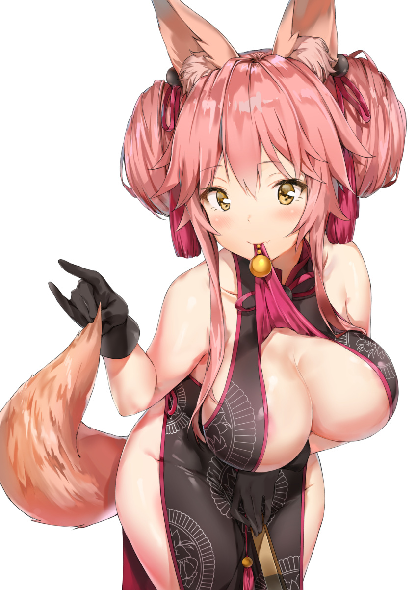 1girl animal_ears areolae bangs bare_shoulders black_dress black_gloves blush breasts china_dress chinese_clothes choker cleavage collarbone dress eyebrows_visible_through_hair fan fang fang_out fate/grand_order fate_(series) folding_fan fox_ears fox_shadow_puppet fox_tail gloves hair_ribbon highres koyanskaya large_breasts leaning_forward looking_at_viewer mouth_hold pink_hair pixel_(yuxian) ribbon side_slit sideboob sidelocks simple_background sleeveless sleeveless_dress smile solo tail tamamo_(assassin)_(fate) tamamo_(fate)_(all) tamamo_no_mae_(fate) white_background yellow_eyes