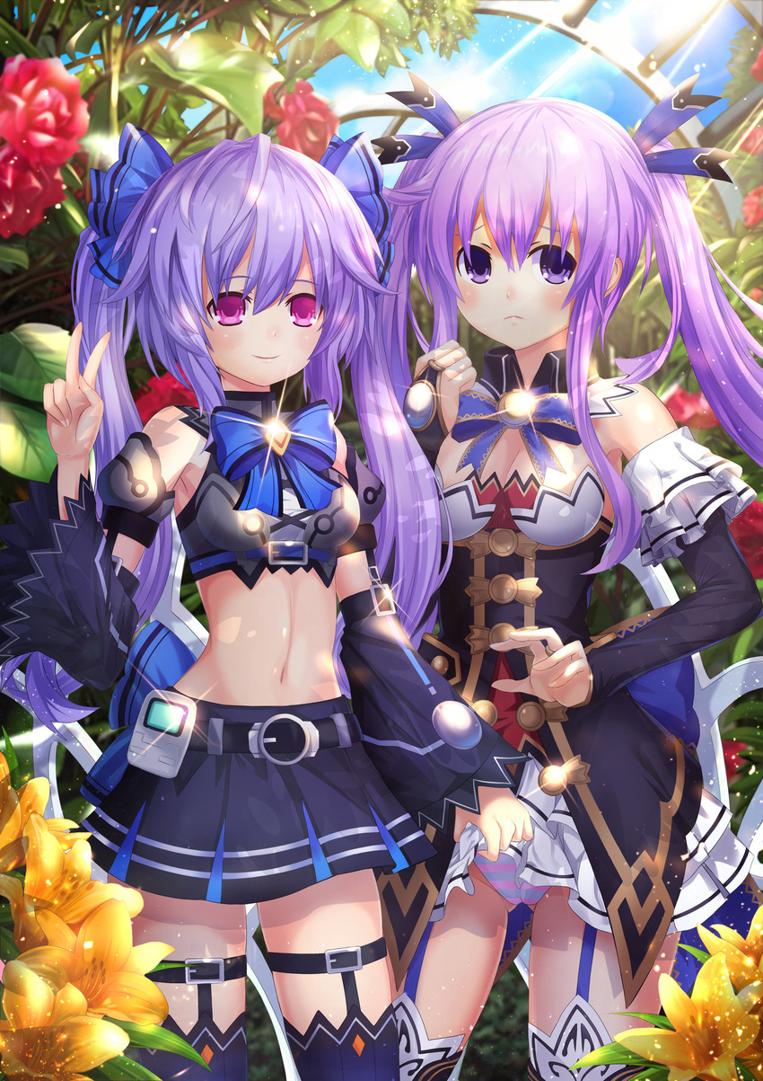 assisted_exposure bare_shoulders beluga_dolphin blush breasts cleavage cosplay detached_collar garter_straps hair_ornament hair_ribbon highres large_breasts long_hair looking_at_viewer md5_mismatch multiple_girls navel nepgear neptune_(series) noire noire_(cosplay) panties pantyshot pleated_skirt purple_eyes purple_hair pururut red_eyes ribbon skirt smile striped striped_panties thighhighs twintails underwear v very_long_hair