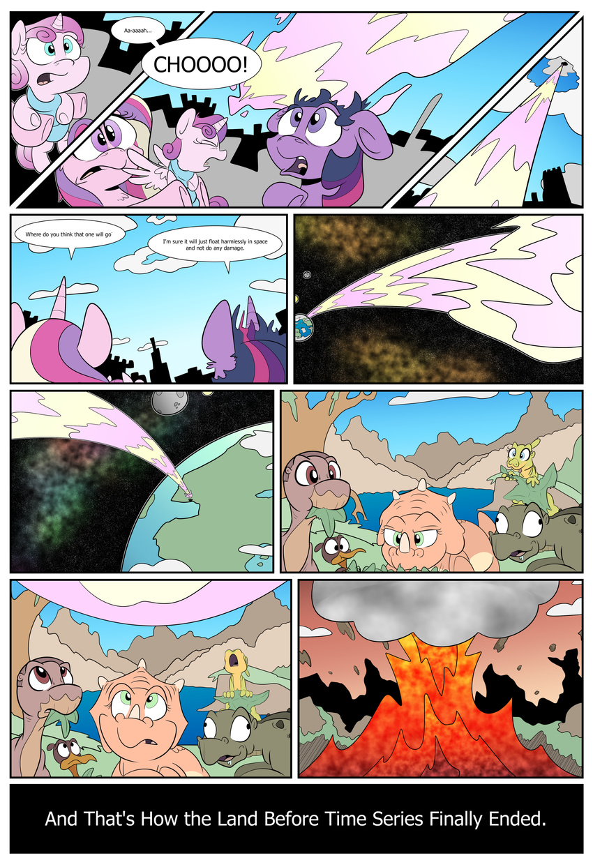 2016 cloud comic daughter dialogue dinosaur english_text equine explosion feathered_wings feathers female feral flurry_heart_(mlp) friendship_is_magic group hair hi_res horn jittery-the-dragon mammal mother mother_and_daughter multicolored_hair my_little_pony parent pink_feathers planet princess_cadance_(mlp) rated-r-ponystar sky space text twilight_sparkle_(mlp) unicorn winged_unicorn wings young