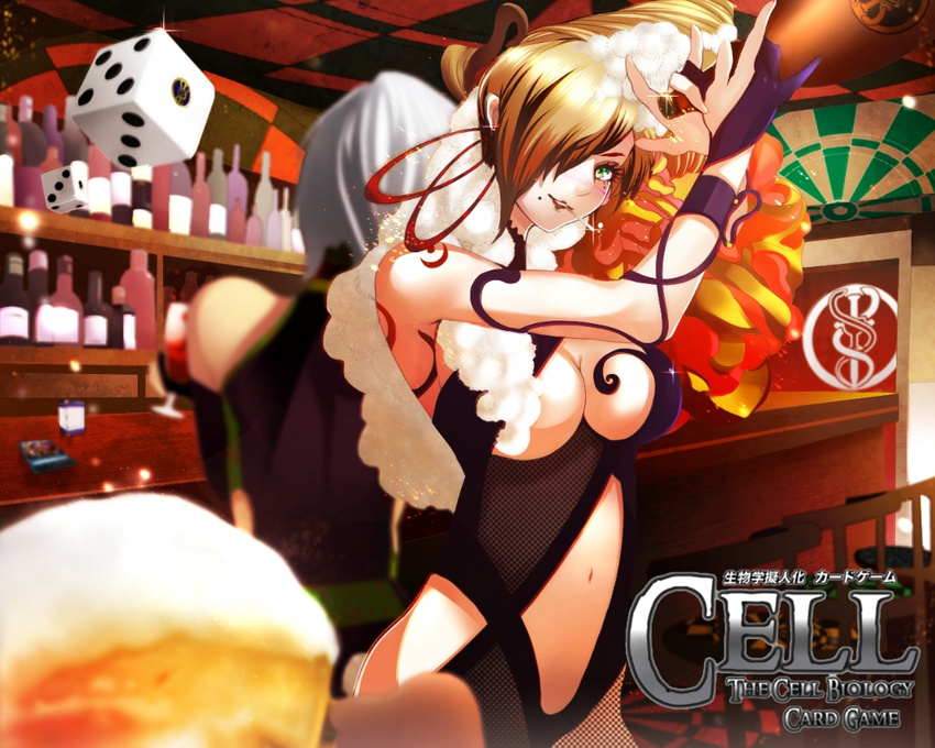 alcohol bar beer blurry blurry_background bottle breasts brown_hair caduceus card cell_(card_game) chair cleavage copyright_name counter cup dartboard dice drinking_glass fishnet_fabric green_eyes hair_over_one_eye looking_at_viewer matchbook mattyanoma2013 medium_breasts midriff mole mole_under_mouth mouth_hold navel personification silver_hair tattoo white_hair wine_bottle wine_glass yeast