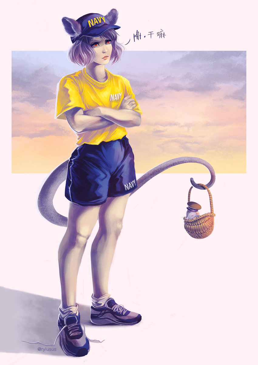 absurdres alternate_costume animal_ears crossed_arms gym_shorts highres huge_filesize military military_uniform mouse_ears mouse_tail navy nazrin rylusus shirt shoes shorts sneakers t-shirt tail touhou translation_request uniform