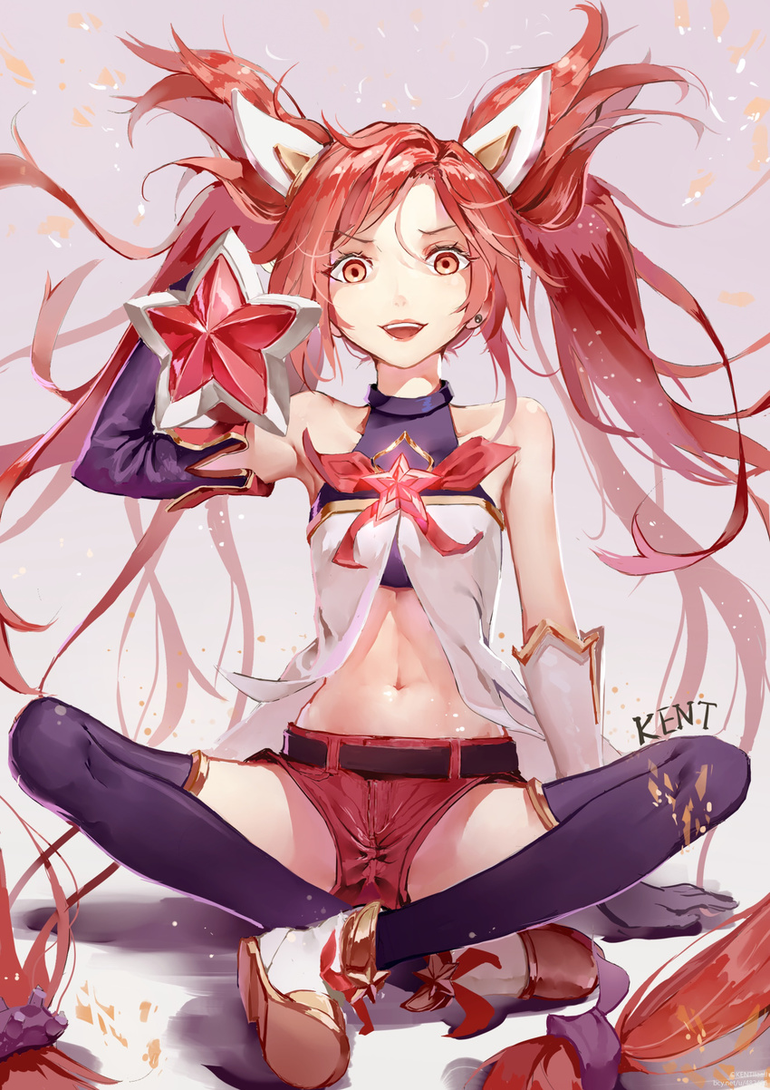 1girl alternate_costume alternate_hair_color alternate_hairstyle bare_shoulders belt black_gloves black_legwear earrings elbow_gloves fingerless_gloves flat_chest gloves hair_ornament jewelry jinx_(league_of_legends) kent league_of_legends lipstick long_hair magical_girl red_bow red_bowtie red_eyes red_hair red_lips short_shorts shorts star_guardian_jinx thighhighs tied_hair twintails very_long_hair weapon