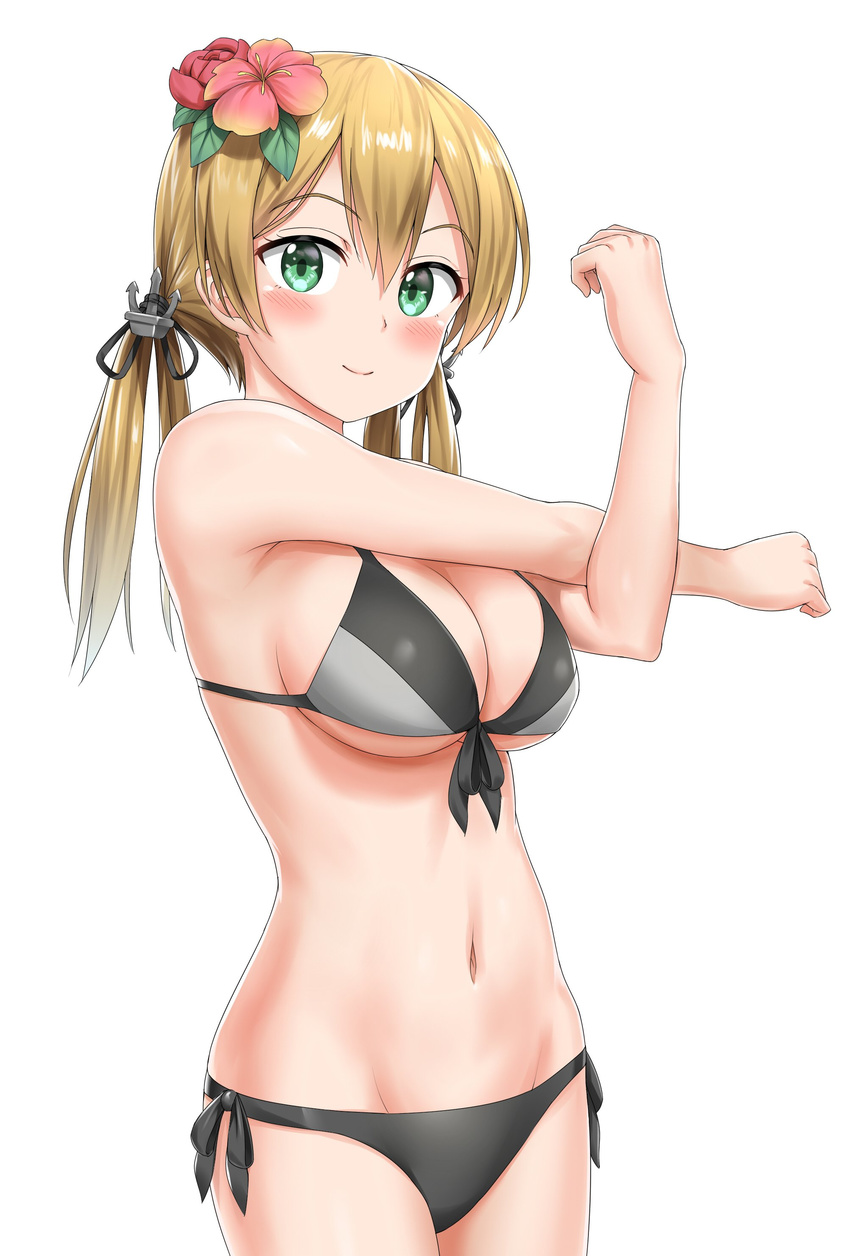 1girl absurdres anchor_hair_ornament bikini blonde_hair blush breasts commentary_request flower green_eyes grey_bikini hair_flower hair_ornament highres kantai_collection looking_at_viewer medium_breasts mismatched_bikini navel nedia_(nedia_region) prinz_eugen_(kancolle) raised_fist side-tie_bikini_bottom simple_background smile solo swimsuit twintails upper_body white_background