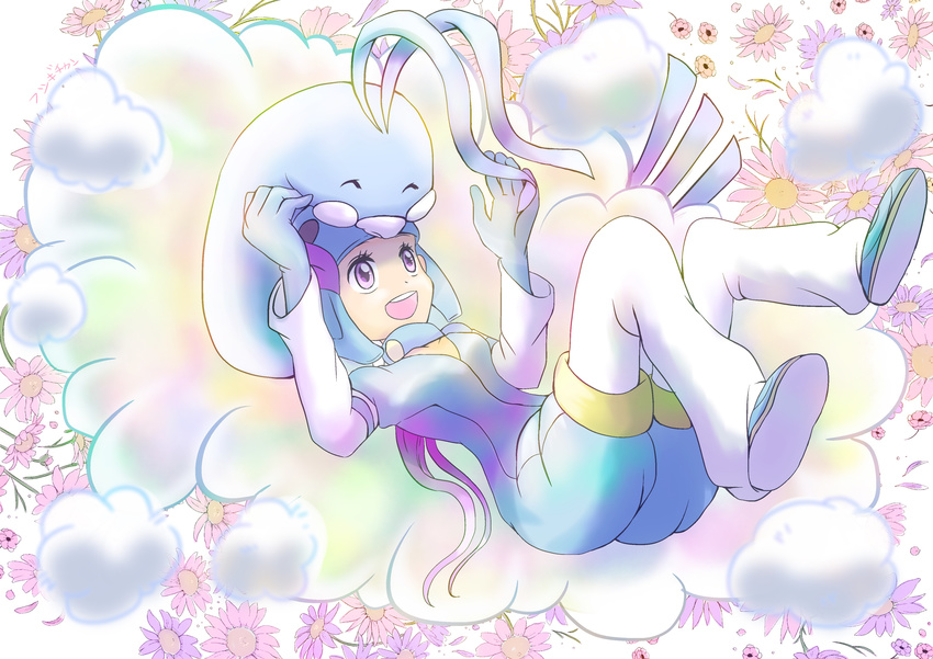 1girl altaria artist_request bird blue_gloves collar flower full_body gloves lying nagi_(pokemon) open_mouth pokemon pokemon_(creature) pokemon_(game) pokemon_rse purple_eyes purple_hair smile