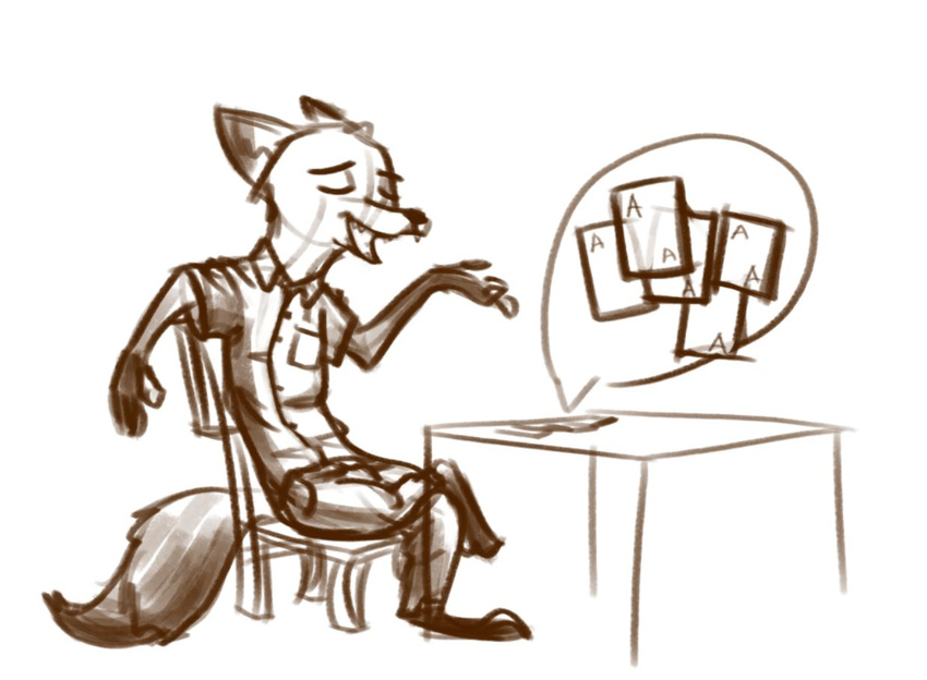 2017 anthro bluedouble brown_and_white canine card chair cheating clothed clothing crossed_legs disney eyes_closed fox male mammal monochrome nick_wilde open_mouth open_smile playing_card simple_background sitting smile solo table white_background zootopia