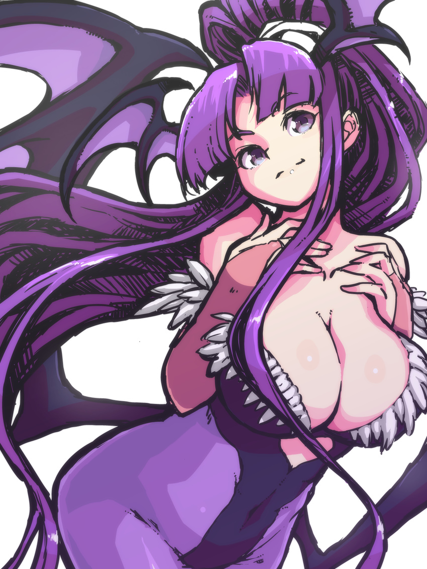 bangs bare_shoulders black_leotard breasts bridal_gauntlets cleavage closed_mouth collarbone cosplay demon_wings eiken eyebrows_visible_through_hair feather_trim head_wings high_ponytail highres large_breasts leotard long_hair misono_kirika morrigan_aensland morrigan_aensland_(cosplay) moyamu pantyhose ponytail purple purple_eyes purple_hair purple_legwear purple_wings sidelocks simple_background solo vampire_(game) very_long_hair white_background wings