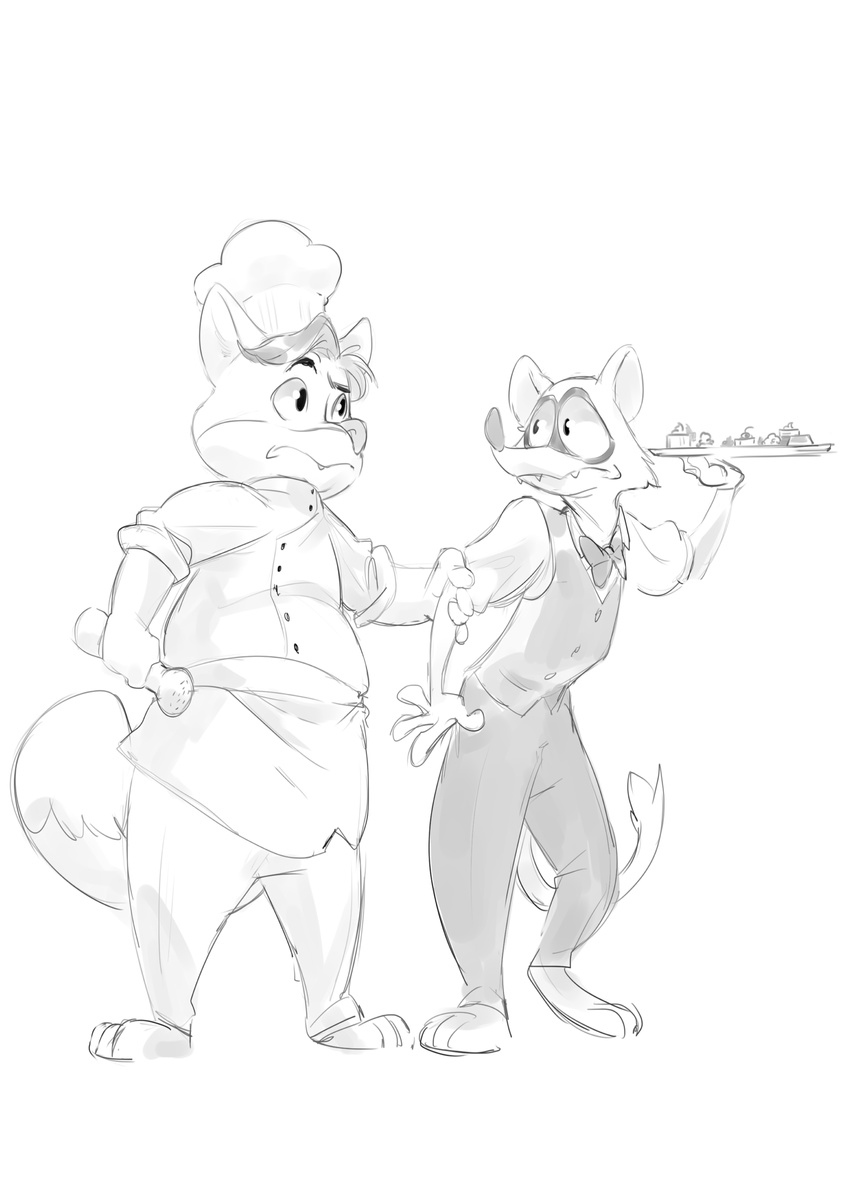 2017 anthro apron bow_tie canine chef_hat clothed clothing digital_media_(artwork) disney duo ferret food food_tray fox fur gideon_grey hair hat loft_(artist) male mammal mustelid sexilydrawn shirt simple_background story story_in_description travis_(zootopia) white_background zootopia