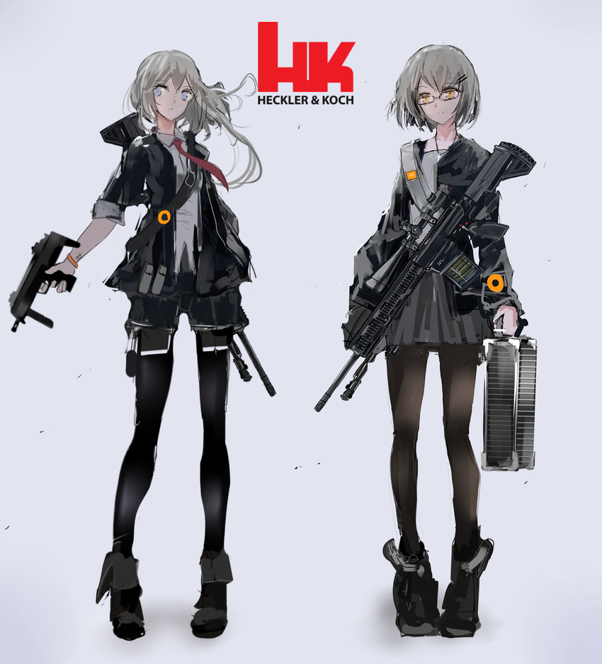 assault_rifle bangs battle_rifle black_footwear black_legwear black_skirt blue_eyes boots briefcase brown_eyes closed_mouth collared_shirt commentary dress_shirt expressionless eyebrows_visible_through_hair finger_on_trigger grey_background grey_hair grey_shirt grey_skirt gun h&amp;k_mp7 hair_ornament hairclip heckler_&amp;_koch highres hk417 holding holding_gun holding_weapon jacket legs_apart long_hair multiple_girls necktie open_clothes open_jacket original pantyhose red_neckwear rifle shirt short_hair simple_background skirt sling standing submachine_gun swav weapon