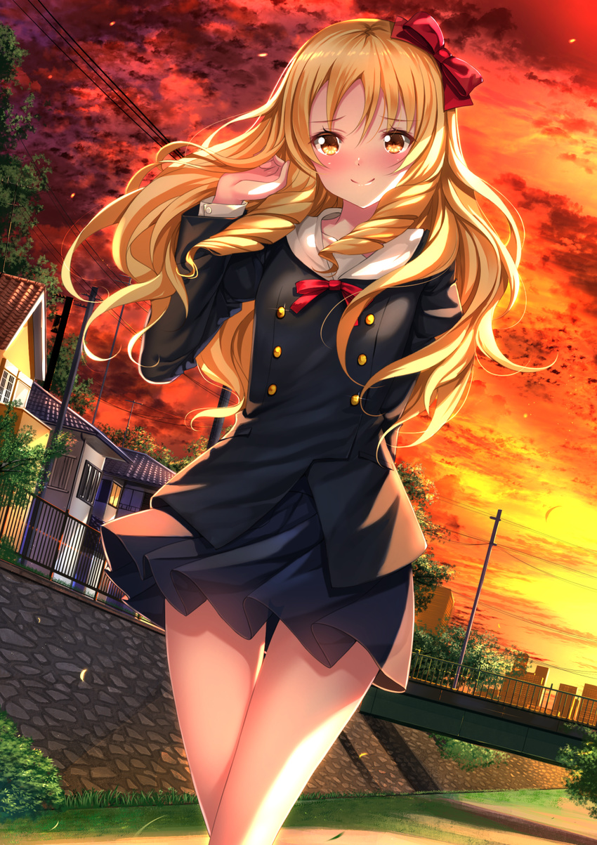 blazer blonde_hair blouse blush bow breasts brown_eyes building cloud cloudy_sky collarbone commentary contemporary drill_hair eromanga_sensei evening hair_bow hairband highres jacket lips long_hair looking_at_viewer miniskirt outdoors pleated_skirt pointy_ears red_bow school_uniform see-through skirt sky small_breasts solo swordsouls thighs twin_drills wavy_hair white_blouse yamada_elf