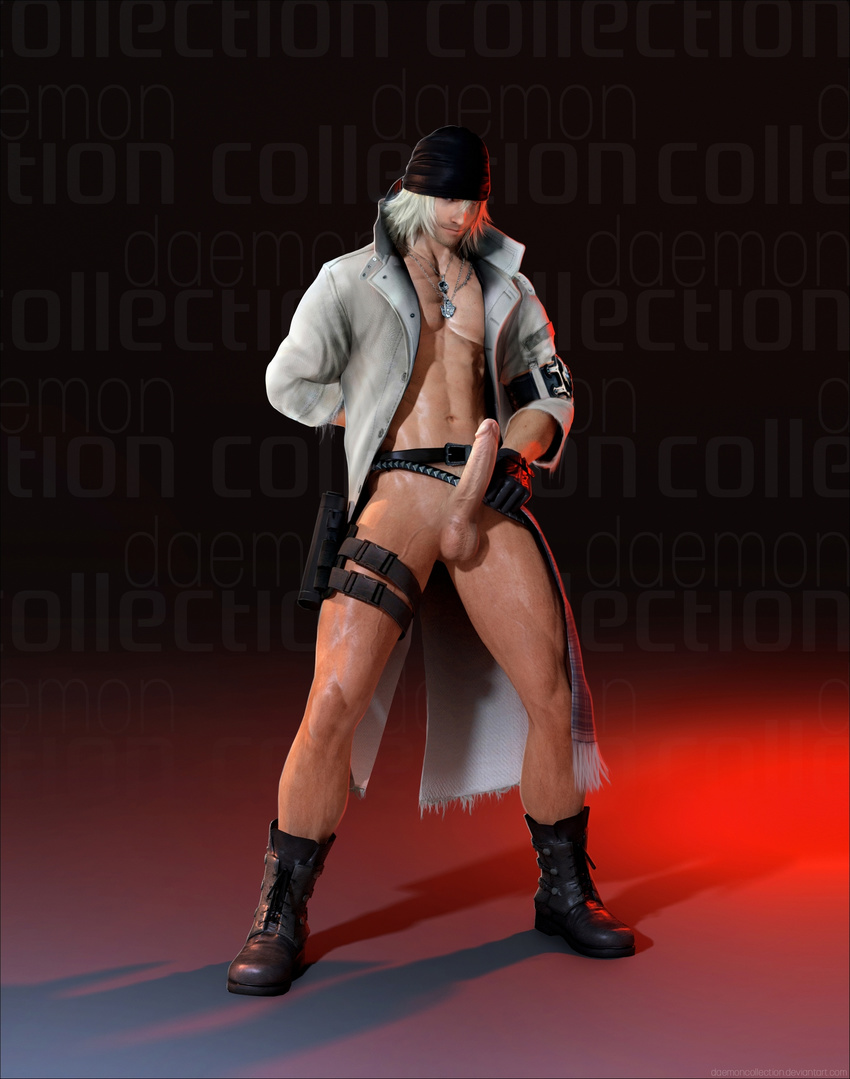 1boy 3d abs blonde_hair boots erection final_fantasy final_fantasy_xiii looking_at_viewer male_focus muscle naughty_face penis presenting smirk snow_villiers solo source_filmmaker testicles undressing