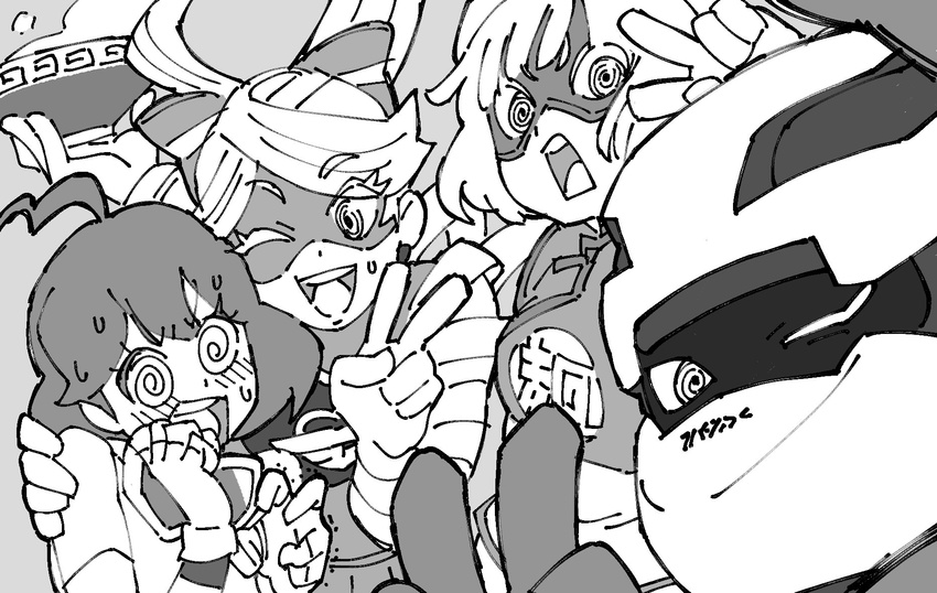 3girls @_@ ahoge al_bhed_eyes arms_(game) bangs beanie blunt_bangs bowl domino_mask greyscale hat helmet highres kid_cobra looking_at_another looking_at_viewer mask mechanica_(arms) min_min_(arms) monochrome multiple_girls photobomb ribbon_girl_(arms) ribbon_hair self_shot sweat upper_body uzura3026 v