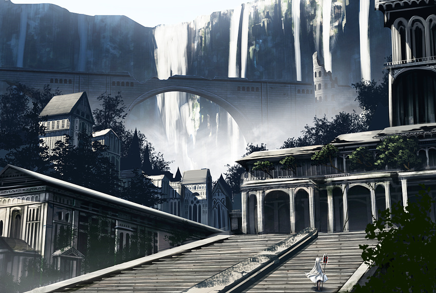 arch architecture axe battle_axe bridge building dress from_behind greco-roman_architecture haru_(ryosios) long_hair original outdoors pillar post-apocalypse ruins ryosios scenery silver_hair solo stairs standing tree very_long_hair water waterfall weapon white_dress white_hair