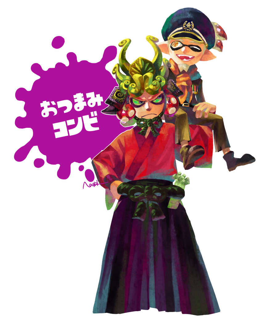 2boys armor beard carrying commander_atarime dj_takowasa domino_mask facial_hair fangs green_sclera hakama hand_on_hip hat helmet highres japanese_armor japanese_clothes kabuto kimono male_focus mask multiple_boys nkraae octarian official_style peaked_cap purple_eyes red_hair scarf shoulder_carry silver_hair simple_background smile splatoon_(series) tentacle_hair topknot wasabi white_background yellow_eyes younger