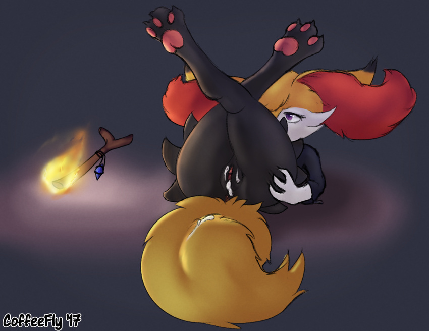 anus braixen clothing coffeefly cum cum_in_pussy cum_inside female fire gem nintendo pok&eacute;mon pussy simple_background solo stick video_games