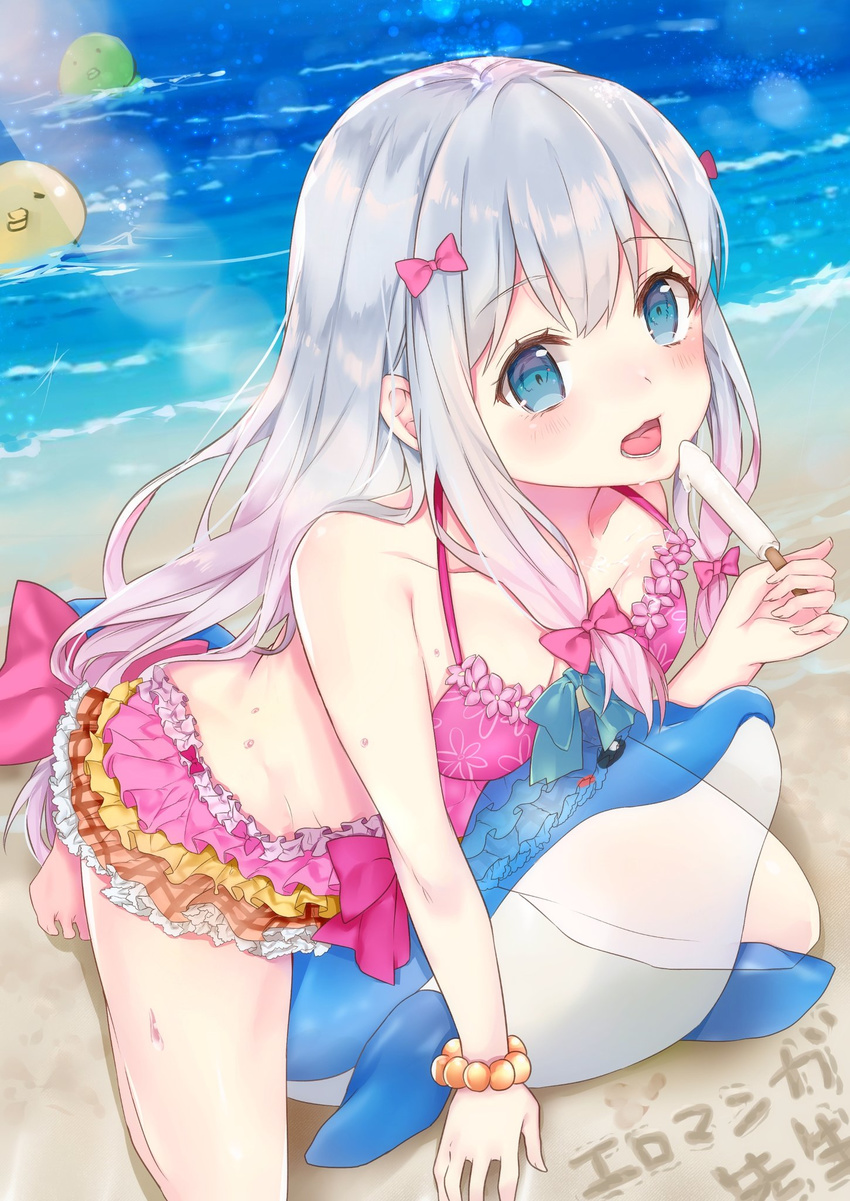 bangs bare_arms bare_legs bare_shoulders barefoot beach bikini blue_eyes blush bow bracelet breasts cleavage commentary_request day eromanga_sensei eyebrows_visible_through_hair flower food frilled_bikini frilled_skirt frills gradient_hair hair_bow highres holding holding_food inflatable_dolphin inflatable_toy izumi_sagiri jewelry kneeling layered_bikini leaning_forward lens_flare light_rays long_hair looking_at_viewer low-tied_long_hair melting multicolored multicolored_bikini multicolored_clothes multicolored_hair nanakagura ocean octopus outdoors pearl_bracelet pink_bikini pink_bow pink_hair popsicle silver_hair skirt small_breasts solo summer sunbeam sunlight sweat swimsuit tareme very_long_hair water