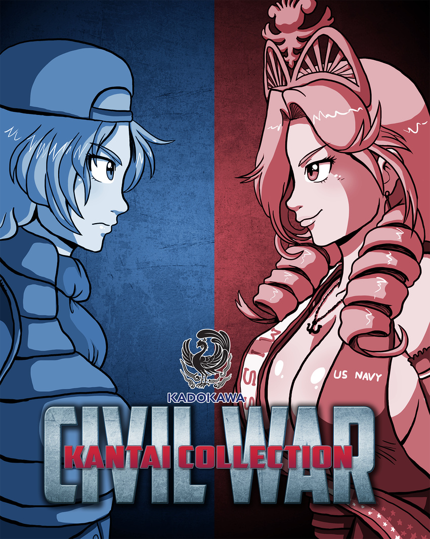 anchor_necklace backwards_hat breasts captain_america_civil_war cleavage commentary dress drill_hair earrings elbow_gloves eye_contact glaring gloves hat highres ian_dimas_de_almeida jewelry kadokawa kantai_collection large_breasts limited_palette looking_at_another marvel multiple_girls namesake neckerchief new_jersey_(belated_battleships) new_jersey_(pacific) original pacific parody puffer_jacket smirk tiara vest