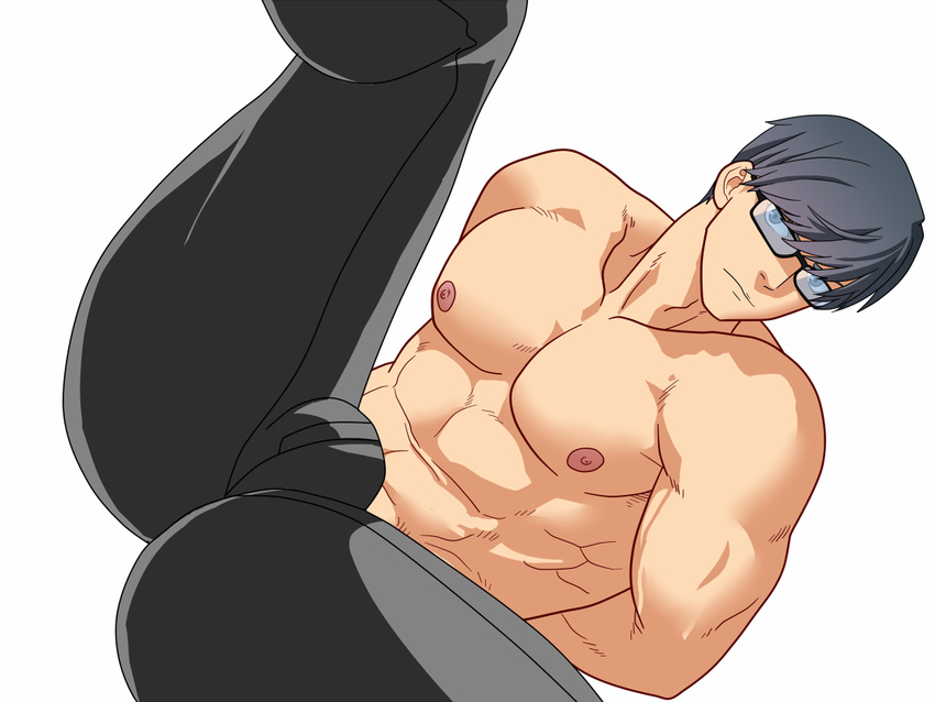 1boy abs bulge crotch glasses inmomakuro lying male_focus muscle pecs persona persona_4 restrained silver_hair solo tagme topless