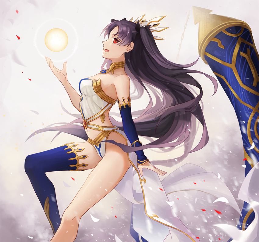 ain_(3990473) black_hair commentary detached_sleeves fate/grand_order fate_(series) heavenly_boat_maanna ishtar_(fate/grand_order) long_hair long_legs midriff navel red_eyes single_detached_sleeve single_sleeve single_thighhigh solo thighhighs two_side_up