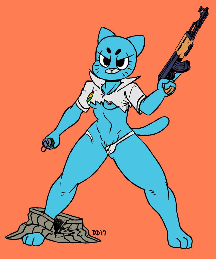 2017 akm anthro blue_fur breasts camel_toe cartoon_network cat clothed clothing digital_media_(artwork) explosives eyelashes feline female fur grenade gun half-closed_eyes looking_at_viewer mammal navel nicole_watterson nipple_slip panties pose ranged_weapon simple_background solo spread_legs spreading ssorobo standing the_amazing_world_of_gumball torn_clothing underwear undressing wardrobe_malfunction weapon whiskers